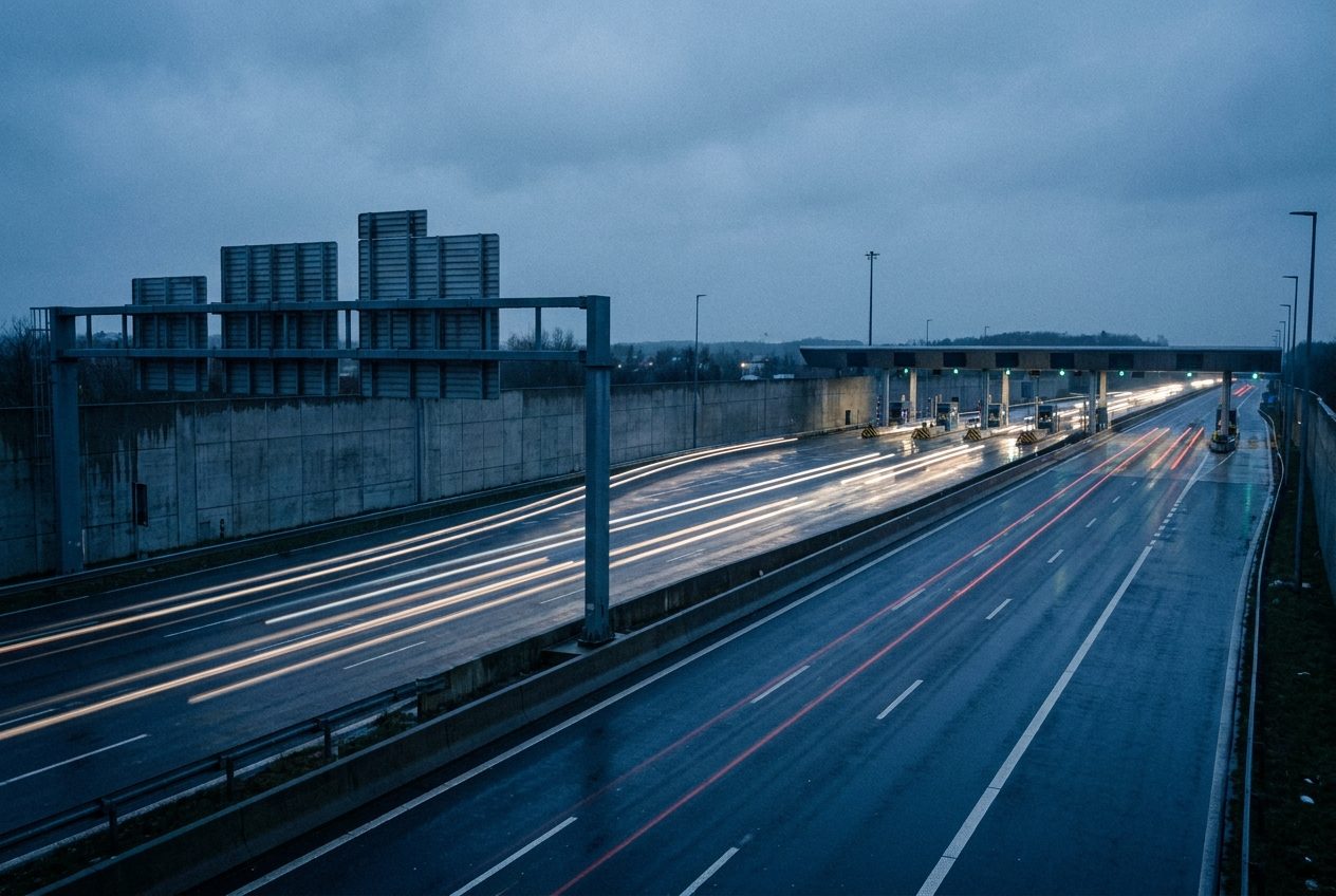Autopista de peaje al atardecer con pórticos de señalización y estación de peaje al fondo