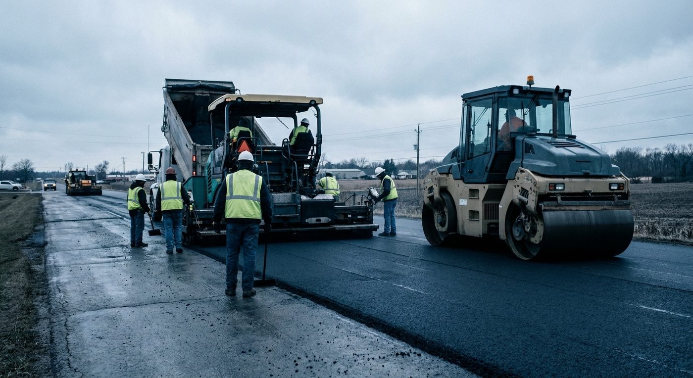 Extendedora de mezcla bituminosa y rodillo compactador en una obra de repavimentación